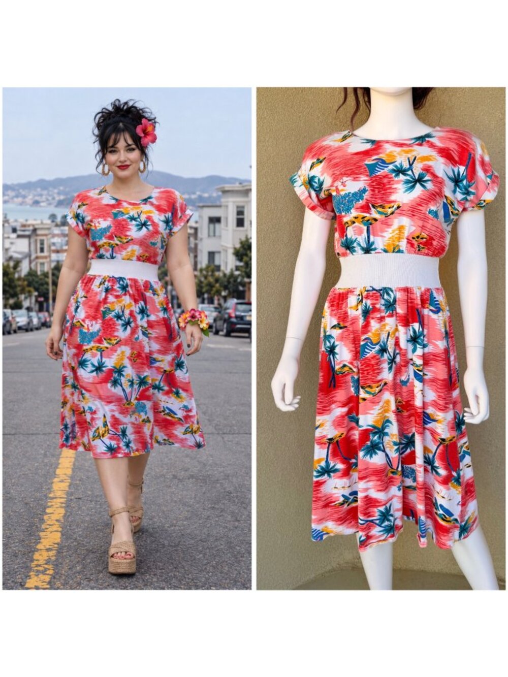 Vintage 80s Tropical Hawaiian Cotton Day Dress